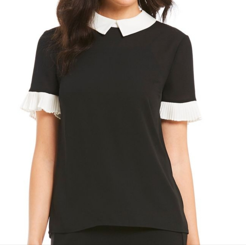 CeCe Point Collar Pleat Short Sleeve Color Block Blouse Size XS NWT'S